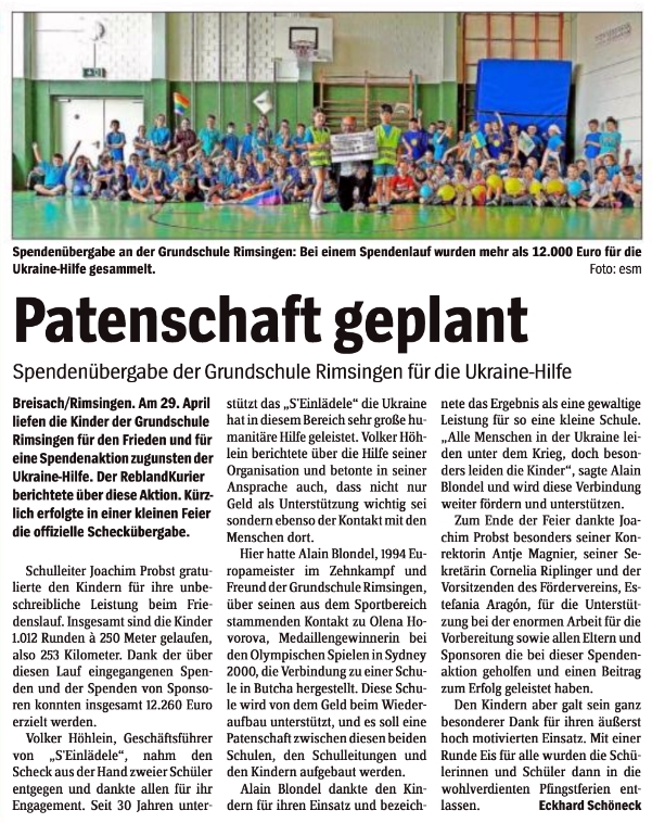 Zeitunsartikel Patenschaft geplant